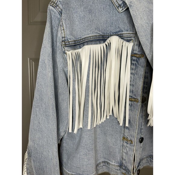 NewW tags BRIDE Denim L Jean Jacket fringe bachelorette party wedding honeymoon - Picture 8 of 14